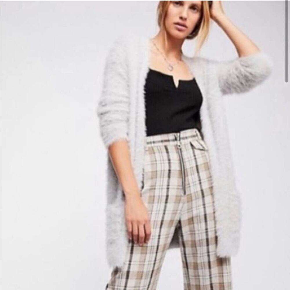 Free People light silver cloud gray fuzzy faux fur‎ cardigan size Medium
